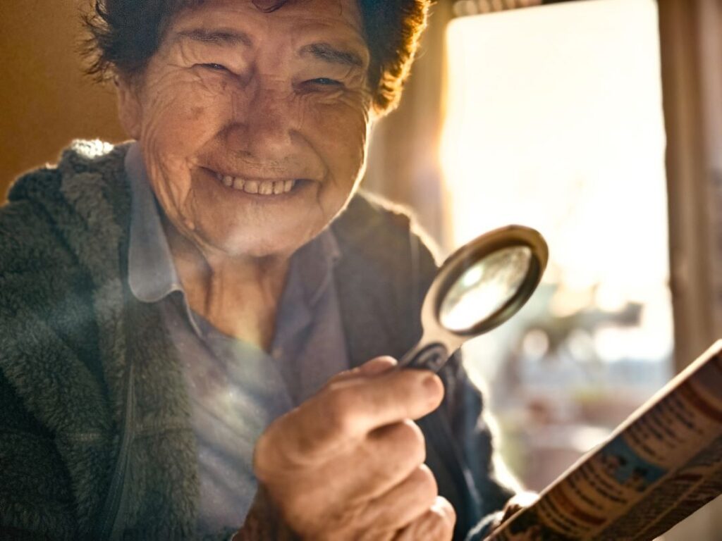 An older woman with low vision uses a magnifying glass to read.