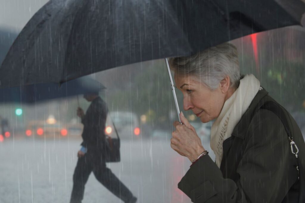 An older woman in a rain storm with an umbrella.